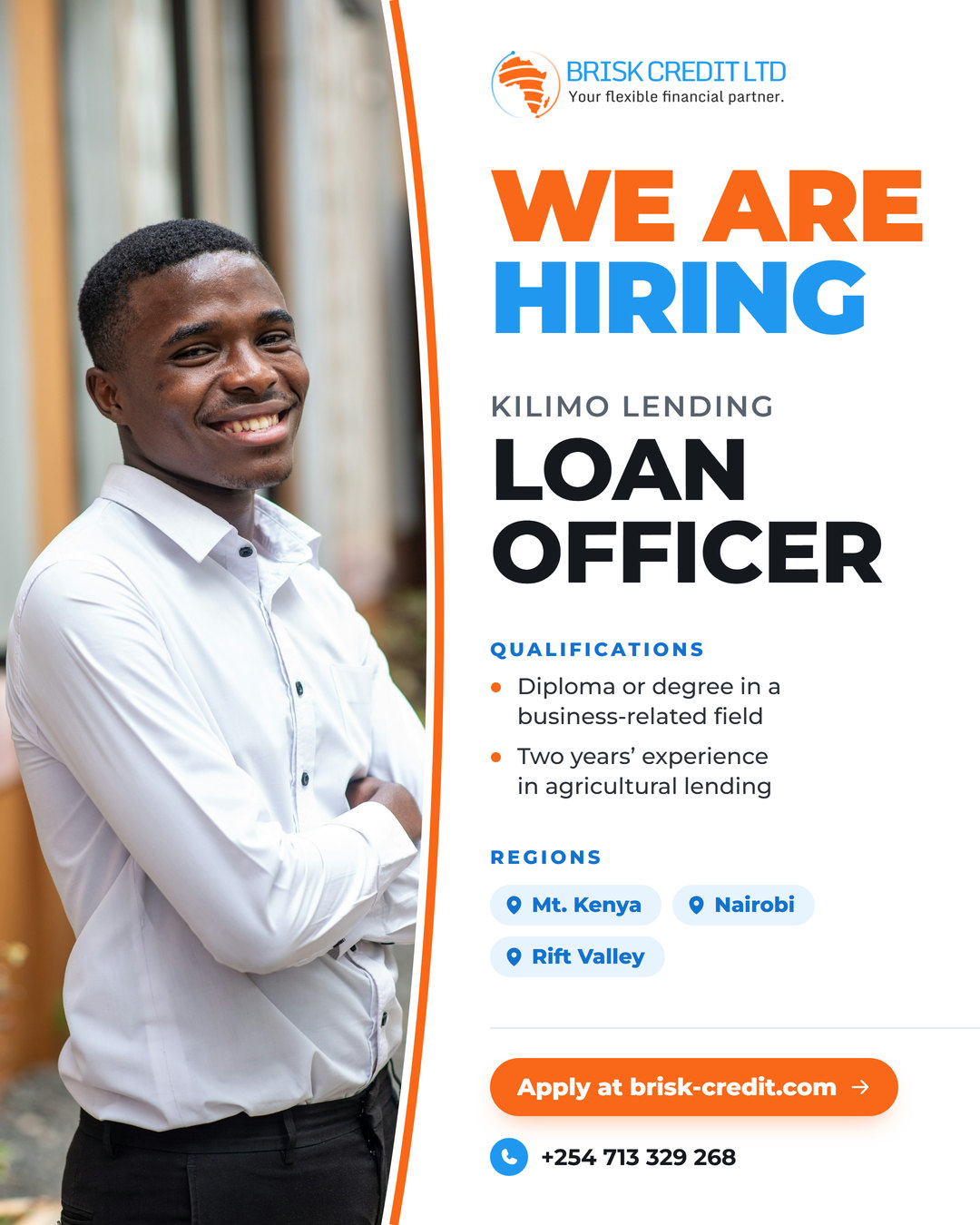 Brisk Credit hiring poster for the Kilimo Loan Officer role