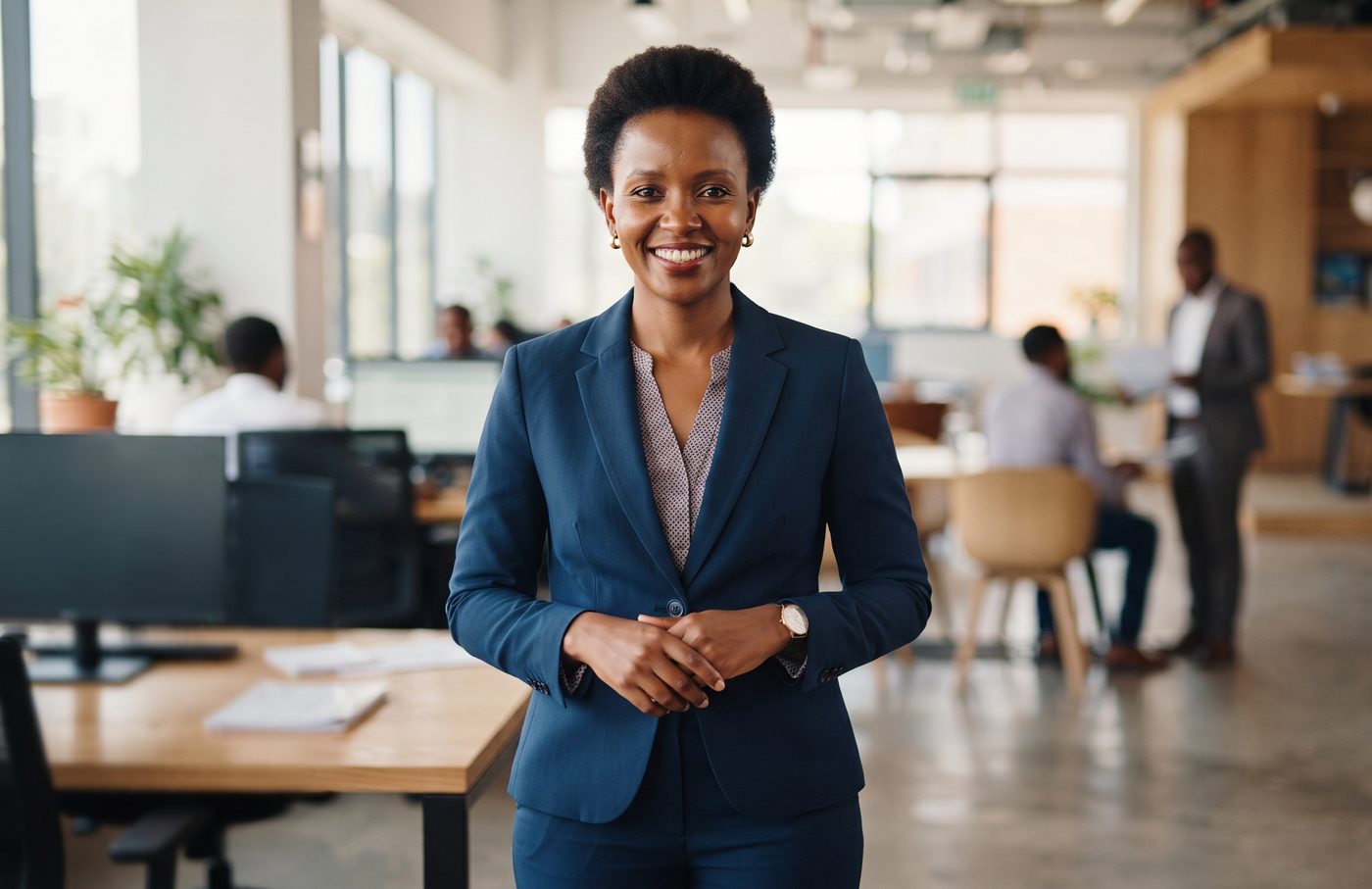 A smiling loan officer standing in an open-plan office