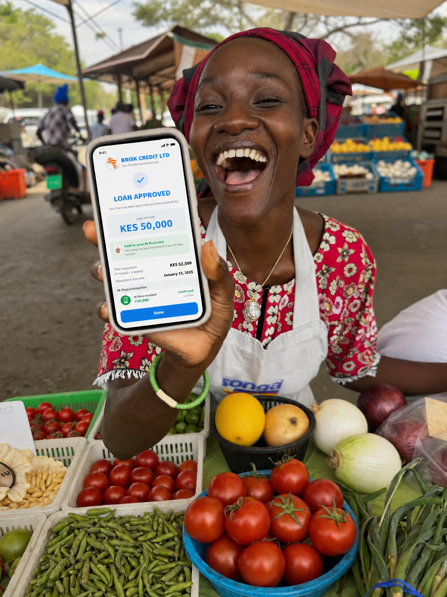 A joyful Kenyan mama mboga vegetable vendor funded by Brisk Credit