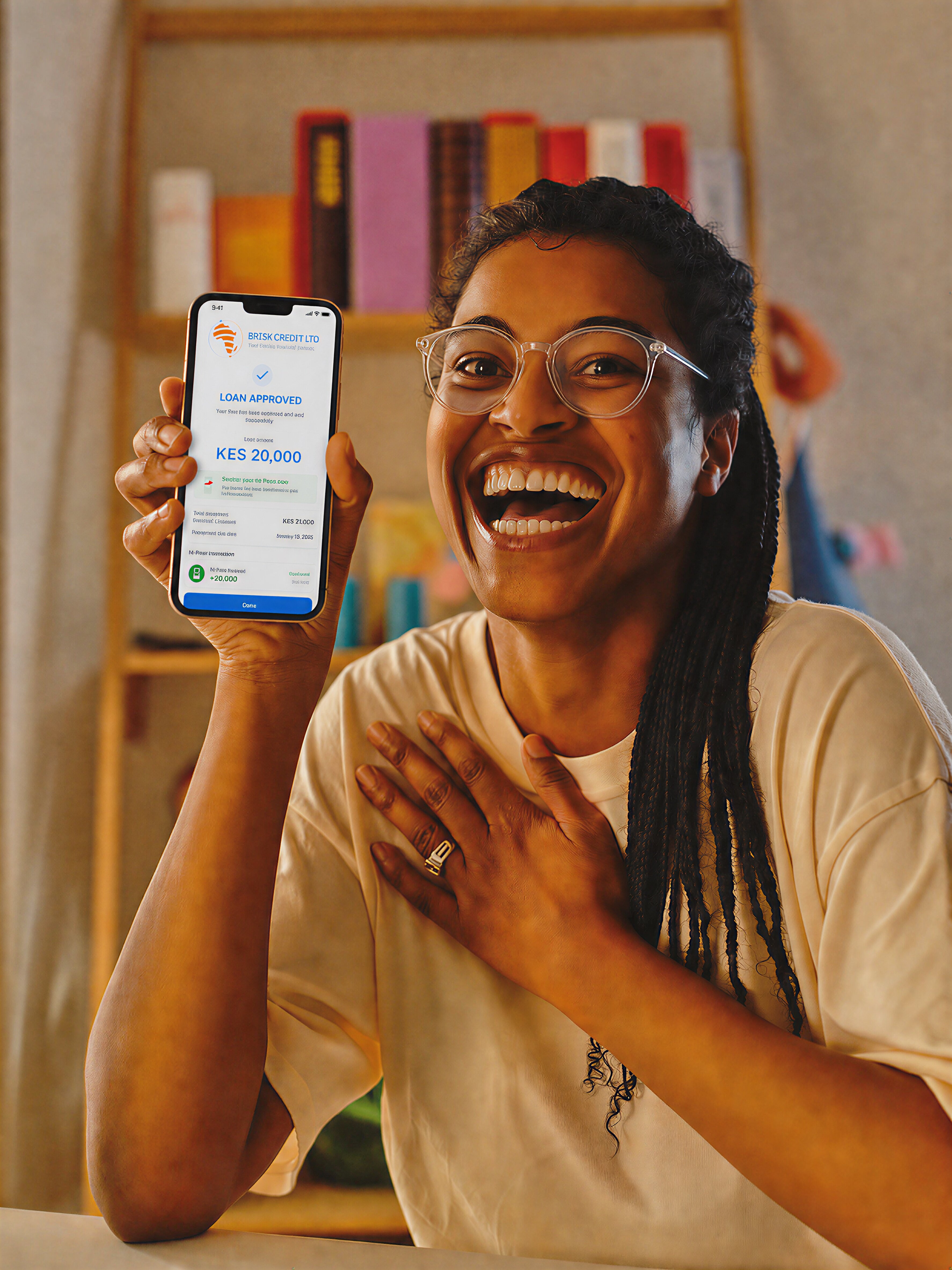 A joyful Kenyan business owner receiving KES 100,000 from the Brisk Credit app